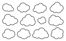Cloud Thin Line Icons Set. Outline Vector Sign. Linear Symbol Of Weather Or Database, Network, Internet Storage. Logo Design Template. Overcast, Cleen Cloudy Sky Graphic Element Collection