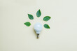 Energy saving lightbulb with green leaves background. Save energy concept, eco house and idea. Flat lay, top view