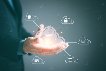 Wall Mural - cloud technology icon in the hands of business people used to connect data and communication network