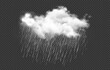 Realistic rain cloud with drops, raincloud, rainfall, rainstorm, cyclone weather. Isolated vector 3d white fluffy spindrift or cumulus cloud with pouring water droplets. Rainy autumn weather forecast