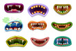 Scary and creepy drool monster grin jaws and mouths. Vector smiles, teeth and tongues. Cartoon horror faces of Halloween demon, devil, alien beast or vampire with bloody lips, bad smell, slime