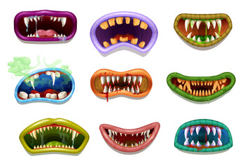 Wall Mural - Scary and creepy drool monster grin jaws and mouths. Vector smiles, teeth and tongues. Cartoon horror faces of Halloween demon, devil, alien beast or vampire with bloody lips, bad smell, slime