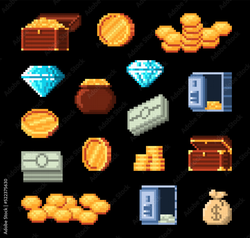 8 bit retro pixel golden coins, treasure chest, diamond, money bag, pot of  gold and vault