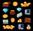 8 bit retro pixel golden coins, treasure chest, diamond, money bag, pot of gold and vault cartoon vector icons. Golden money pixel game icons set. Bank safe, gemstone and bill 8 bit arcade vector sign