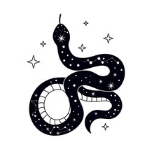 Snake In Boho Style. Esotericism And Mysticism, Witchcraft And Black Magic. Graphic Elements For Website. Astronomy And Astrology, Galaxy And Intangible Energy. Cartoon Flat Vector Illustration