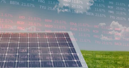 Poster - Animation of stock market data processing over solar panel on grass against blue sky