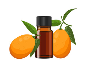 Wall Mural - Kumquat essential oil in brown glass bottle, herbal alternative medicine treatment product, vector Illustration on white background