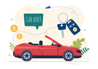 Car Rental, Booking Reservation and Sharing using Service Mobile Application with Route or Points Location in Hand Drawn Cartoon Flat Illustration