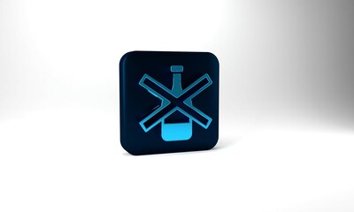 Blue No alcohol icon isolated on grey background. Prohibiting alcohol beverages. Forbidden symbol with beer bottle glass. Blue square button. 3d illustration 3D render