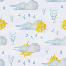 Sun, Cloud, Tornado, Weather, Rain Watercolor Seamless Pattern. Template For Decorating Designs And Illustrations.
