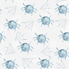 Spider and cobweb watercolor seamless pattern. Template for decorating designs and illustrations.