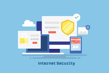 Wall Mural - internet security software providing personal and financial data protection on digital devices, tech