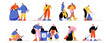 © klyaksun - People collect trash, volunteers characters clean up rubbish and garbage for recycling. Ecology, nature protection, volunteering and social charity concept, Line art vector illustration isolated set