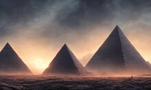 Mysterious Pyramids, Ancient Civilization, Mystical Landscape. 3d Illustration