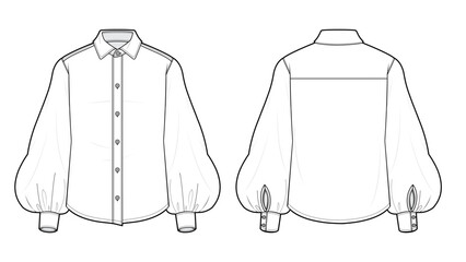 Sticker - womens bishop sleeve shirt blouse flat sketch vector illustration front and back view technical drawing apparel template. cad mockup.