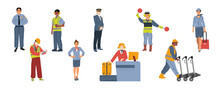 Airport Staff Pilot, Air Traffic Controller With Light Signals, Check-in And Scanner Employee, Security, Stewardess Or Air Hostess Women, Loader Worker With Trolley, Line Art Flat Vector Illustration