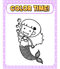 Wall Mural - Worksheets template with color time! text and mermaid outline