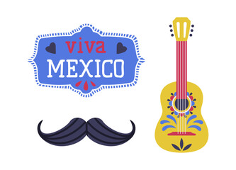 Sticker - Viva Mexico. Moustache and guitar Mariachi string musical instrument cartoon vector illustration