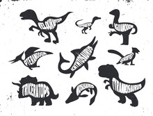 Set Of Silhouette Of Dinosaurs With Lettering. 