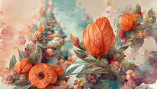 Spring Floral Background With Red, Orange Flowers In A Watercolor Minimalist Style. Botanical Flowers For Postcards, Invitations.