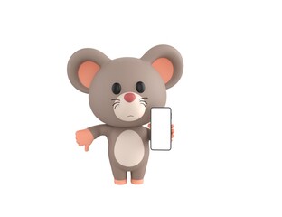 Sticker - Little Rat character show his phone and give thumb down in 3d rendering.