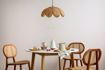 Minimalist composition of elegant kitchen space with round table, rattan chair, vase with leaf, pedant lamp and personal accessories. Minimalist home decor. Beige wall. Template. 