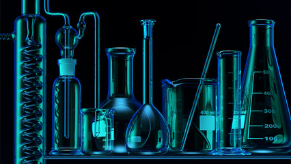 Wall Mural - glass chemistry lab equipment on blue background. chemistry lab concept. 3d