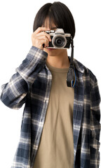 Asian teen girl photographer taking a picture and looking viewfinder on vintage photo camera, isolate