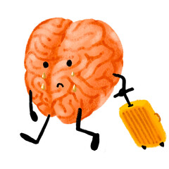 crying sad brain with luggage leaving eacape digital painting illustration cartoon