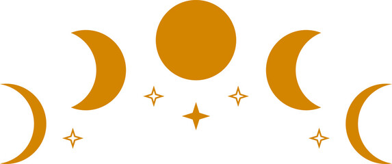 Orange moon different phases of lunar phases with stars boho flat vector png design.