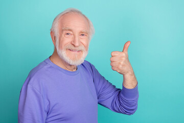 Poster - Portrait of cheerful nice person arm finger demonstrate thum up fine awesome isolated on emerald color background