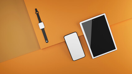 3D Render Of  Smart Phone, Smart Watch and Tablet, Top View, Blank Screens for your Product Advertisement or App Presentation.