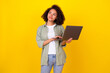 © deagreez - Photo of dreamy millennial brunette lady hold laptop look up wear grey shirt jeans isolated on yellow color background