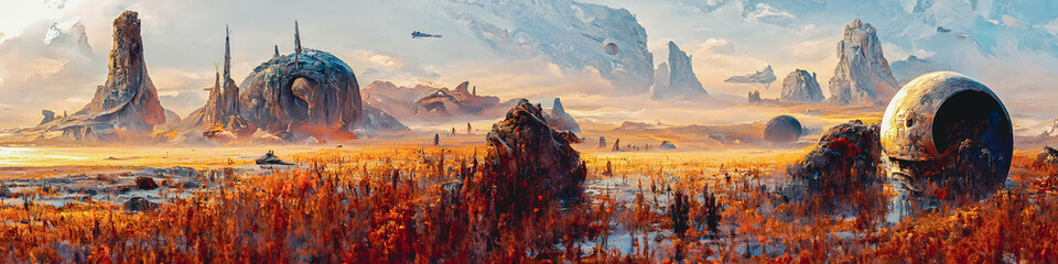 Artistic concept painting of a beautiful sci-fi landscape, with a future thing in the background. Tender and dreamy design, background illustration.