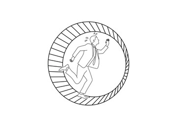 Wall Mural - Drawing of businessman running on hamster wheel. Single line art style