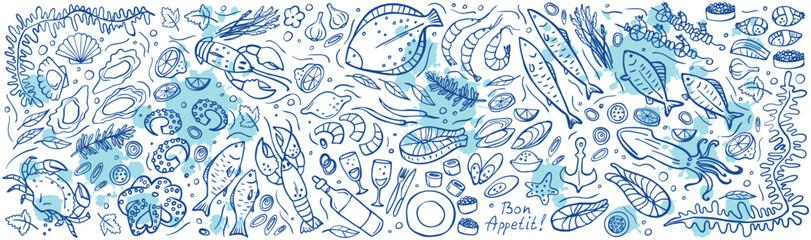 long banner of set doodle seafood on white blue background. vector illustration. perfect for dessert