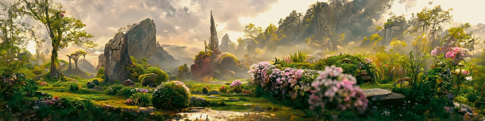 Artistic concept painting of a beautiful sci-fi landscape, with a future thing in the background. Tender and dreamy design, background illustration.
