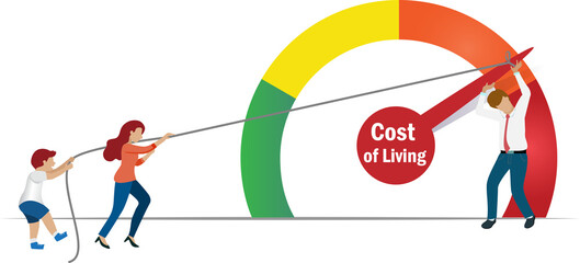 High cost of living, economic crisis and inflation. Family member pull rope to reduce and save cost of living scale. Rising foods cost and grocery expensive price impact to people in spending money.