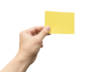 Hand holding yellow paper isolated on white with clipping path.