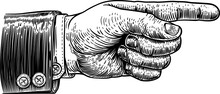A Hand Pointing A Finger In A Direction Sign. Wearing A Business Suit In A Vintage Antique Engraving Woodblock Or Woodcut Style.