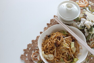 Wall Mural - Japanese style fried noodles, Shimeji mushroom and cabbage  fried noodles