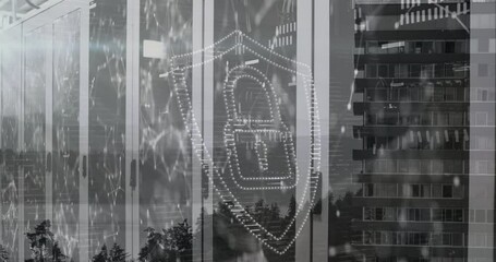 Poster - Animation of security icon with network connecting dots against office building