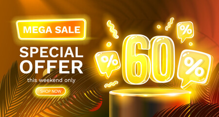 Mega sale special offer, Neon 60 off sale banner. Sign board promotion. Vector
