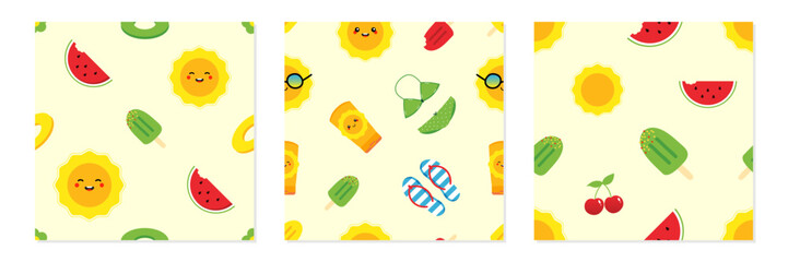 Wall Mural - Set, collection of three vector seamless pattern backgrounds for summer, holidays, vacation design.