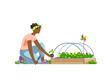 Smiling african woman plants out seedlings to wooden seedbed in vegetable garden. Concept for gardening or farming. Vector flat illustration