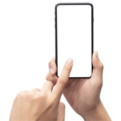 Hand using smartphone with blank screen, Cutout.