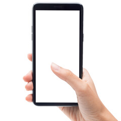 Hand using smartphone with blank screen, Cutout.