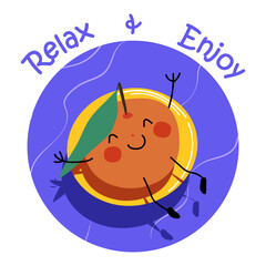 Summer design with text Relax and enjoy and picture of orange swimming on inflatable ring isolated on white background. Vector illustration in flat cartoon style for prints, tee, greeting cards 