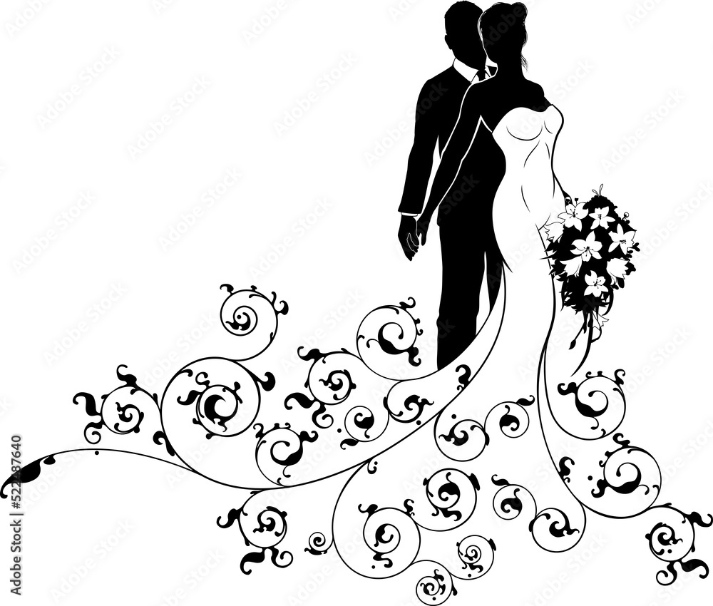 Wedding couple bride and groom silhouettes, the bride in a white bridal ...