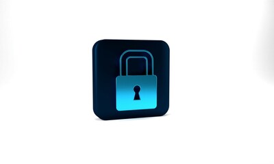 Sticker - Blue Lock icon isolated on grey background. Padlock sign. Security, safety, protection, privacy concept. Blue square button. 3d illustration 3D render